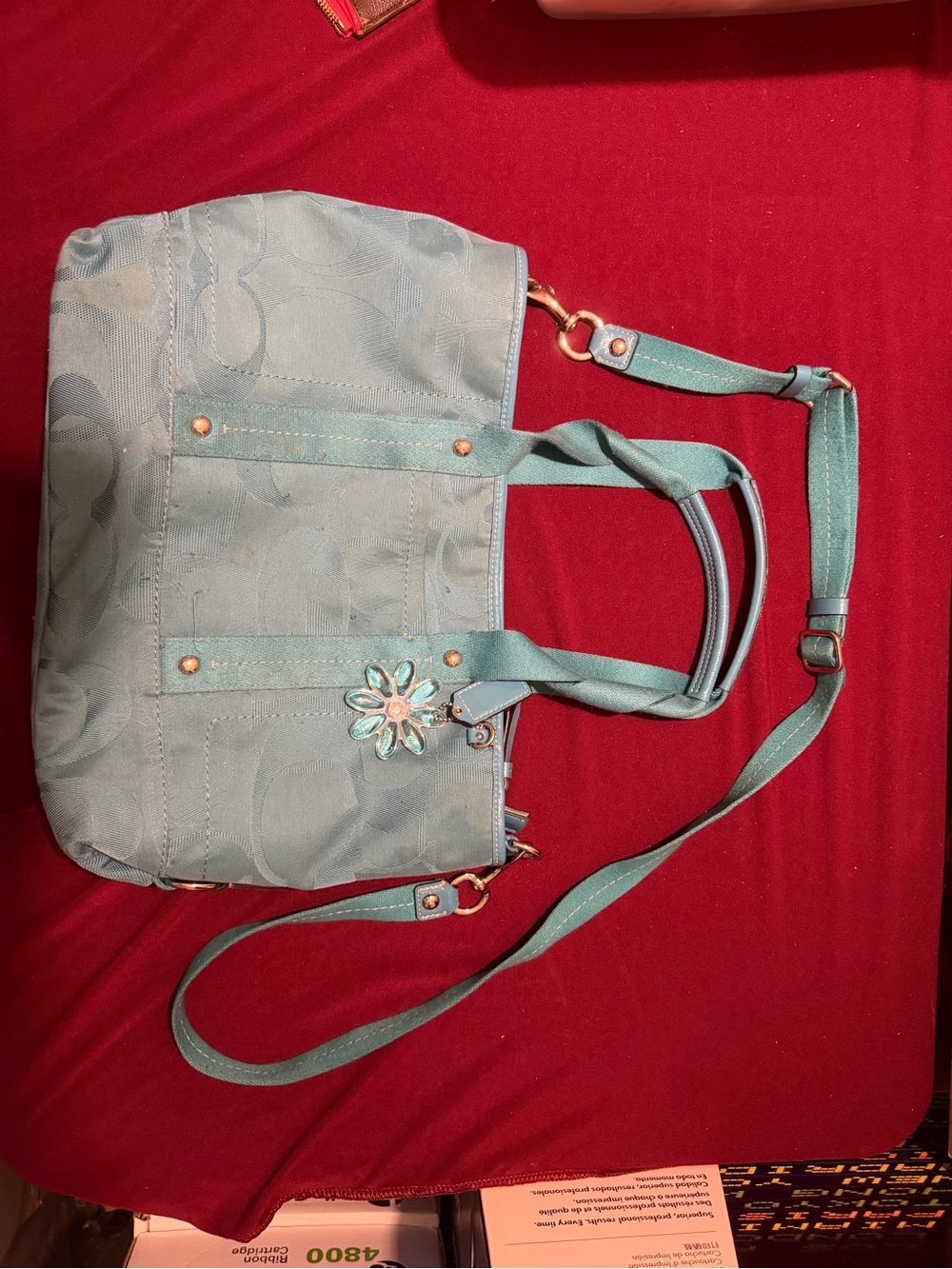 Coach Teal Floral Accent Tote Bag with Detachable Strap